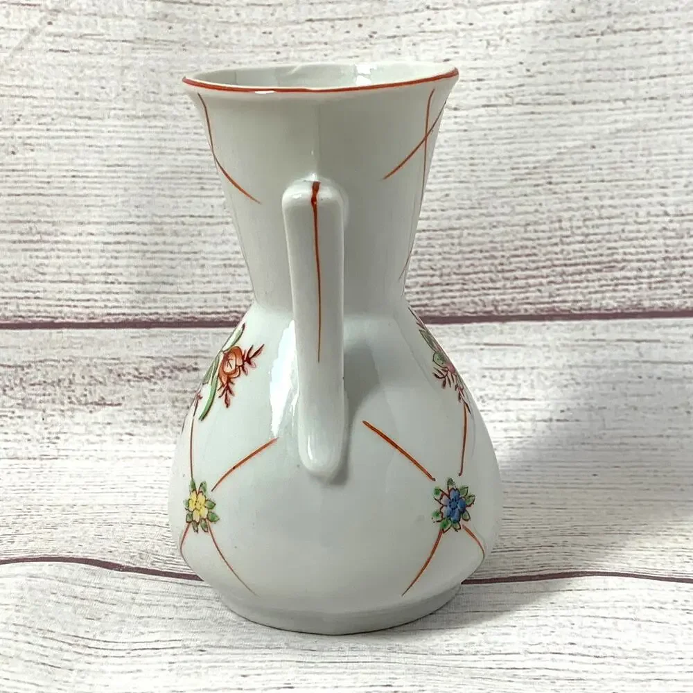 Vintage Japanese Double Handle Ceramic Vase Floral Motif Art Deco 4 5/8